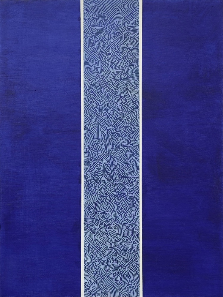 Deep blue bands framing intricate pale blue linework in Arctic Way
