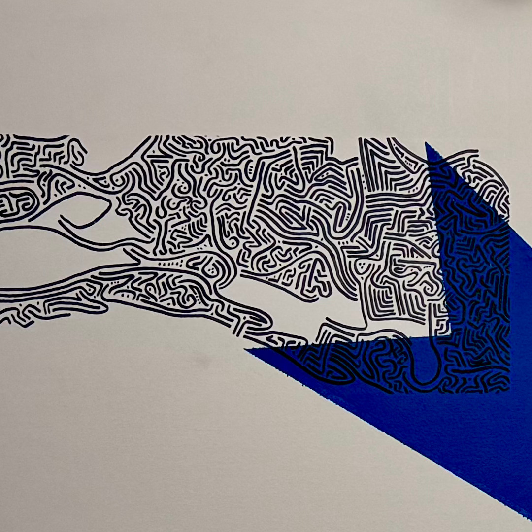 Closeup where black linework crosses a painted blue geometric form