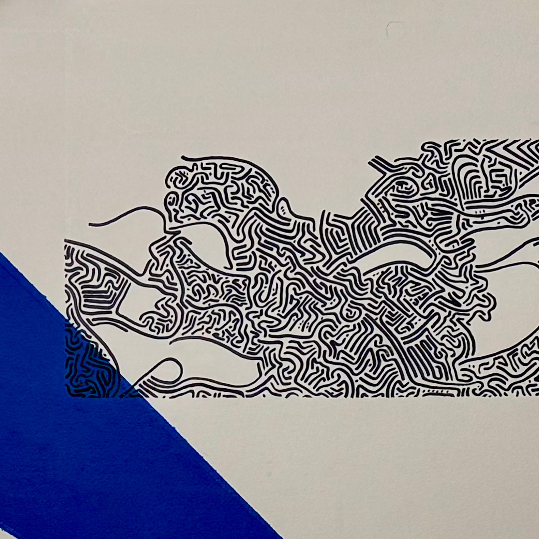 Closeup of black linework meeting a large blue triangular shape