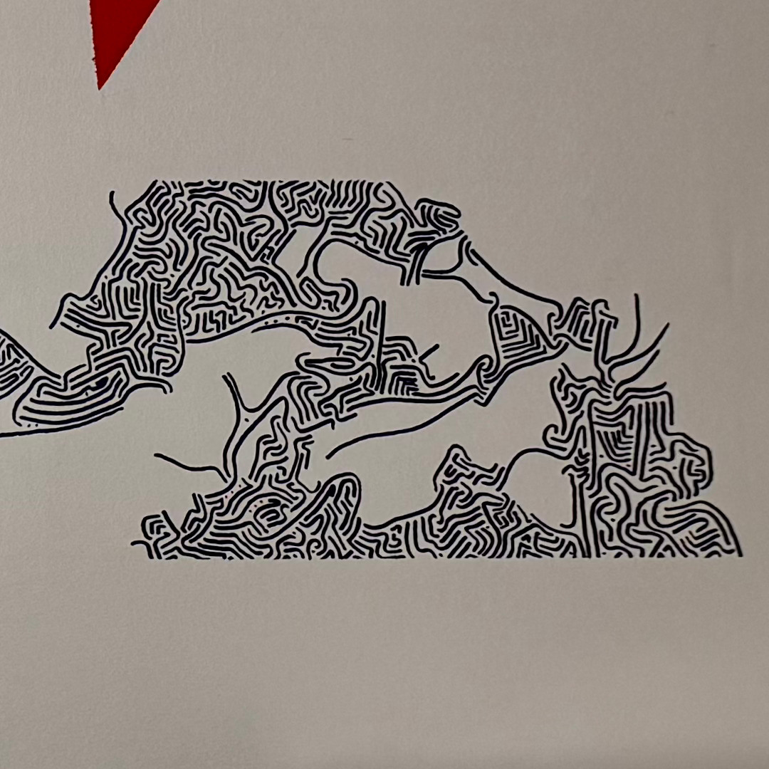 Black linework fragment beneath a red triangular ceiling detail