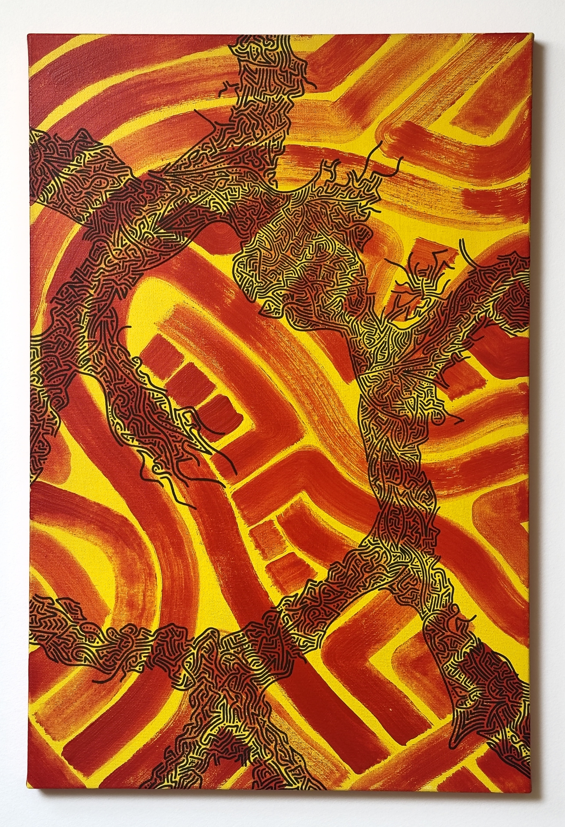 Acrylic painting with red and yellow cellular forms crossed by black cytoskeleton-like linework