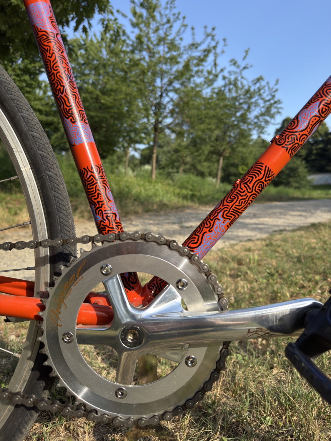 Bicycle chainring framed by painted orange tubes