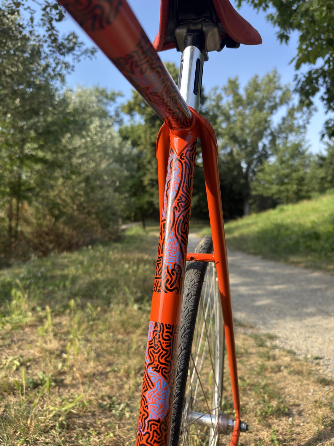 Vertical view of painted details around the bicycle seat tube