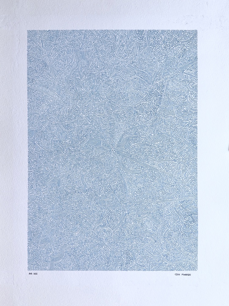 Pale blue linework filling a rectangle on white card in Untitled 1